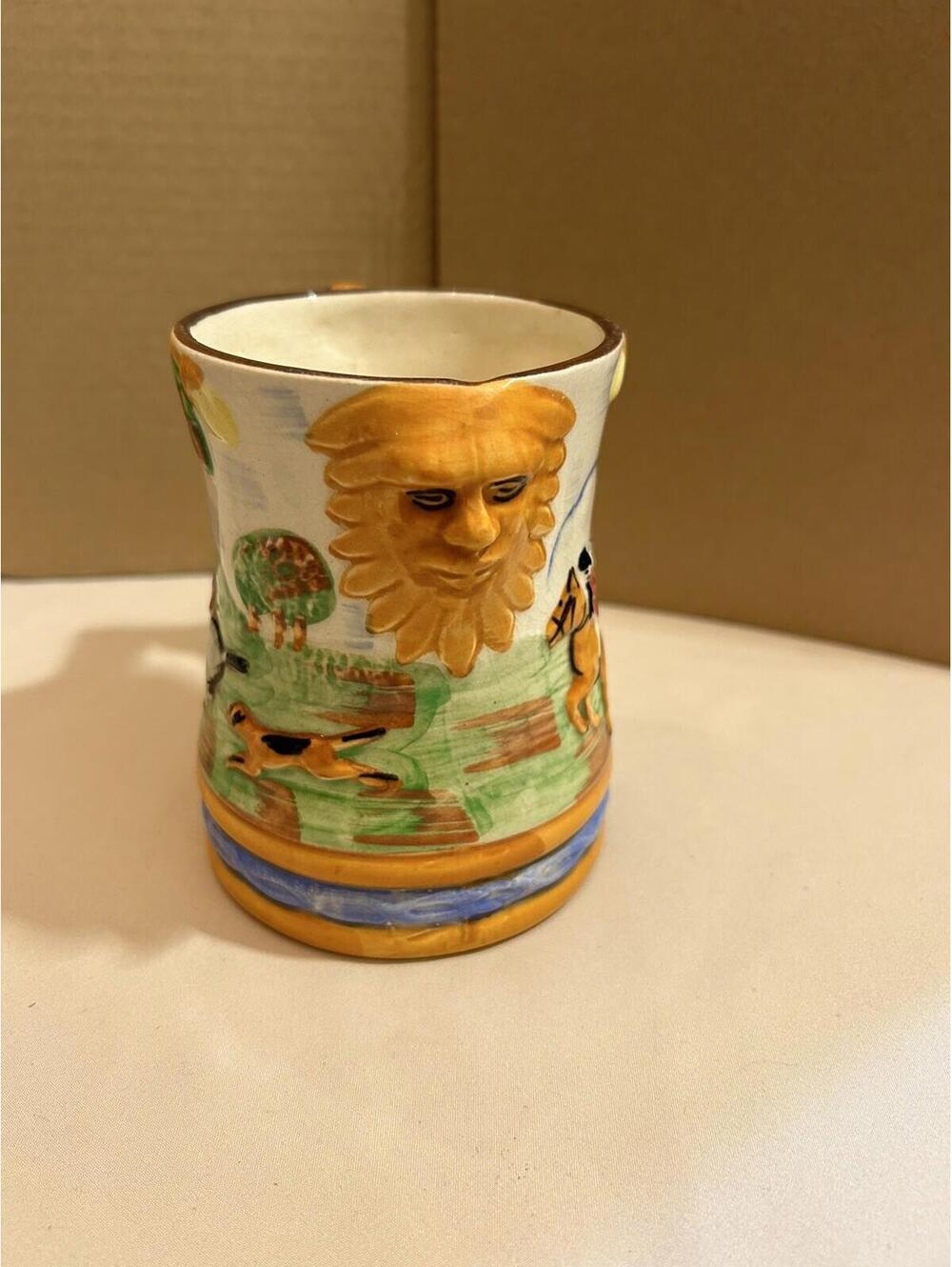 Antique ARTHUR WOOD England 4.75" Mug Cup 3D Fox Hunting Scene Lion Gargoyle